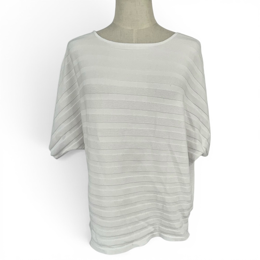 Cyrus Womens White Textured Stripe Dolman Short Sleeve Knit Top Large